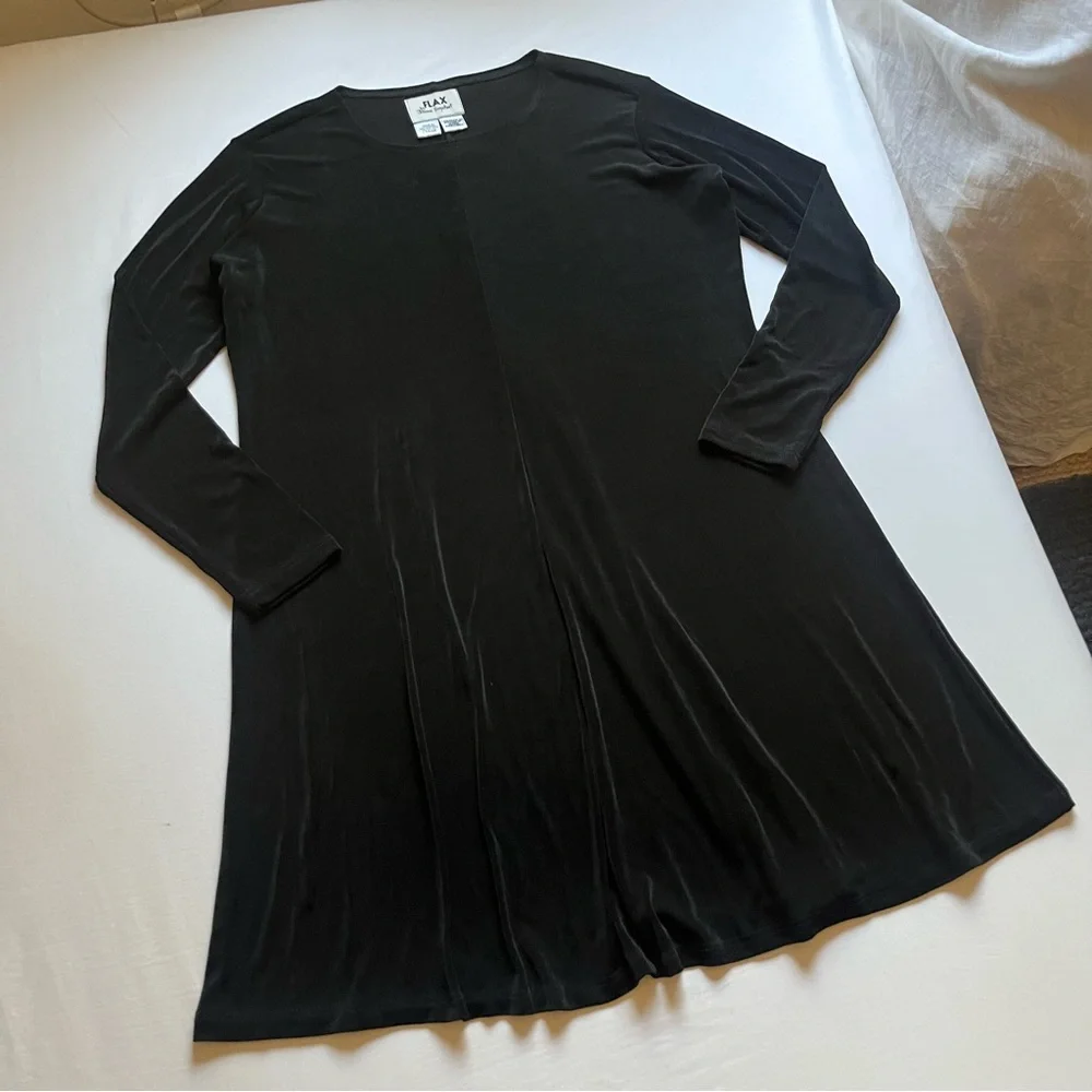 FLAX black knit crew‎ neck long sleeve acetate Lycra midi dress